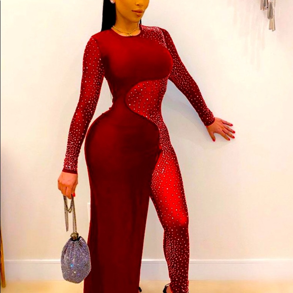 Mesh Rhinestone Mesh Midi Dress - Red